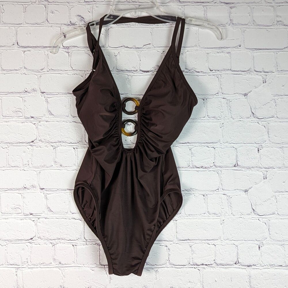 Magic Suit Size 10 Swimsuit Brown W Sexy Deep Plunge w Tortoise Rings High Leg